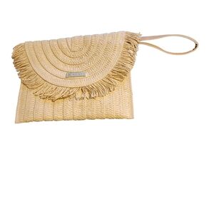 Elegant Cream Straw Fringe Wristlet Clutch